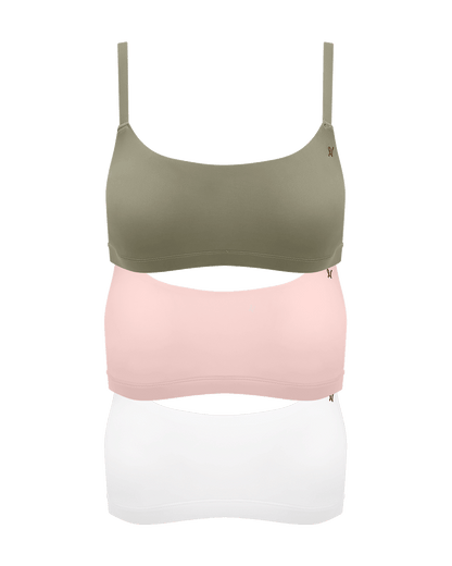 The Stretch Scoop Neck Bralette Bundle 3 Pack - Pink/White/Sage