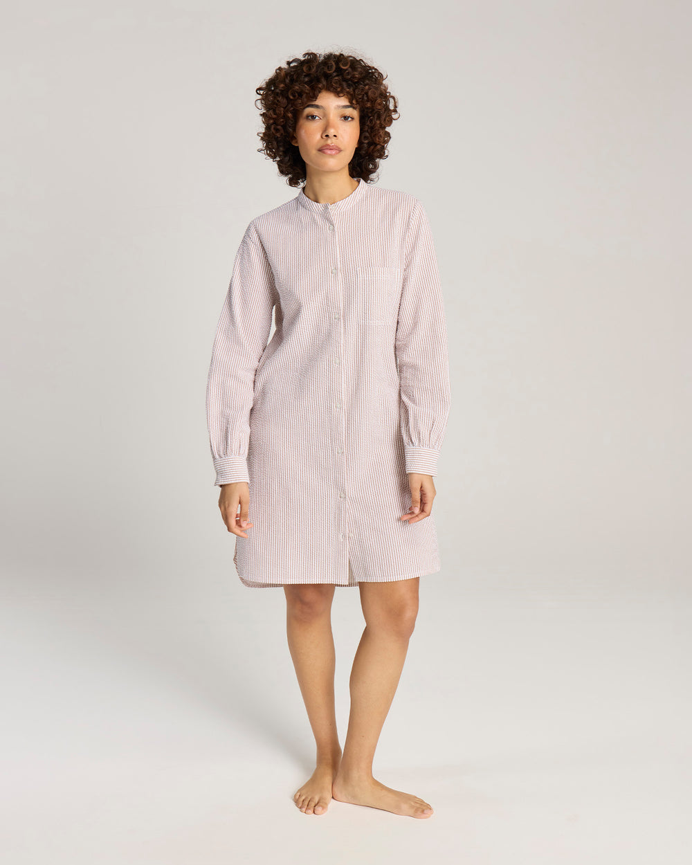 Example: Seersucker Shirt Dress Mocha Stripe