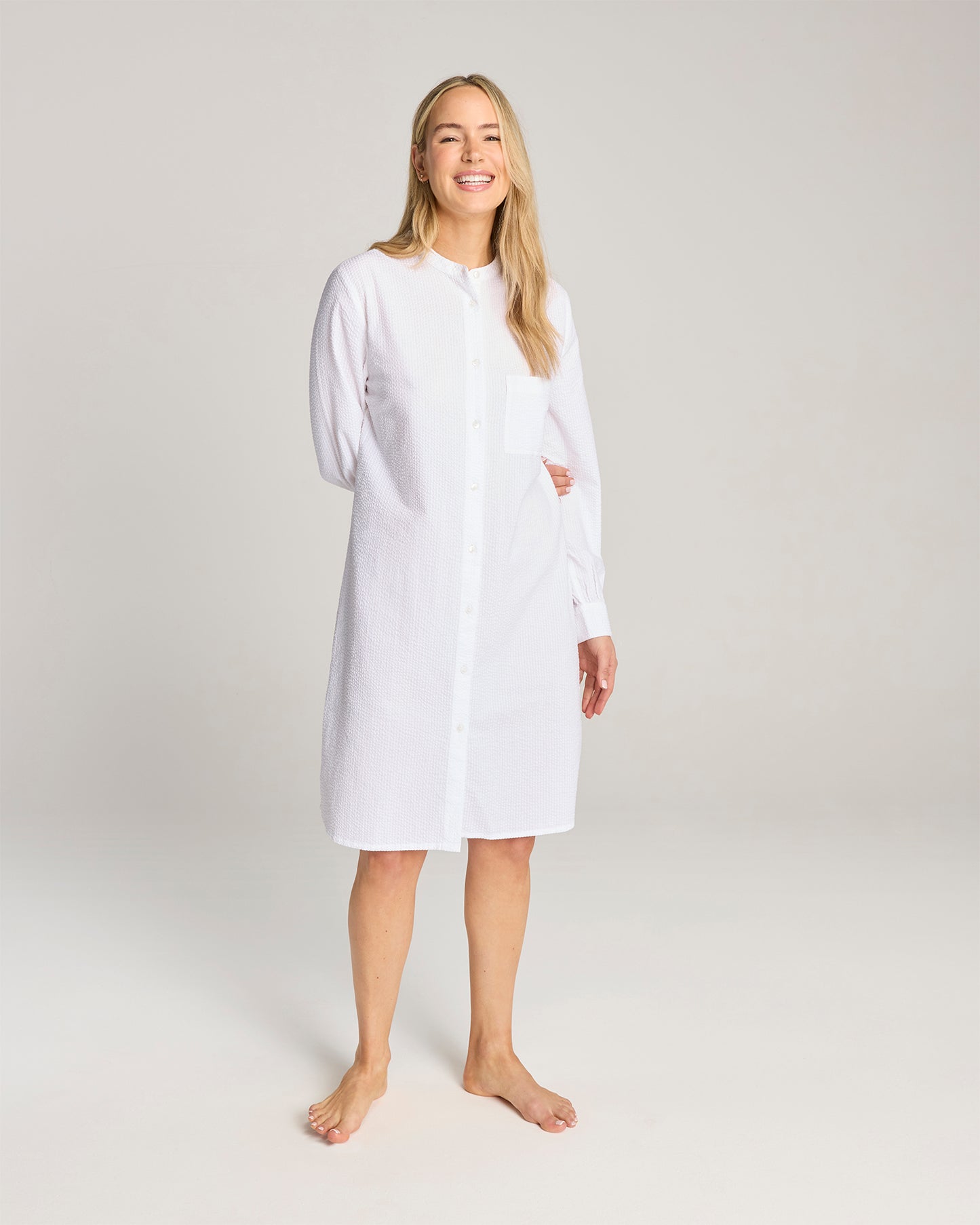 Seersucker Shirt Dress - White
