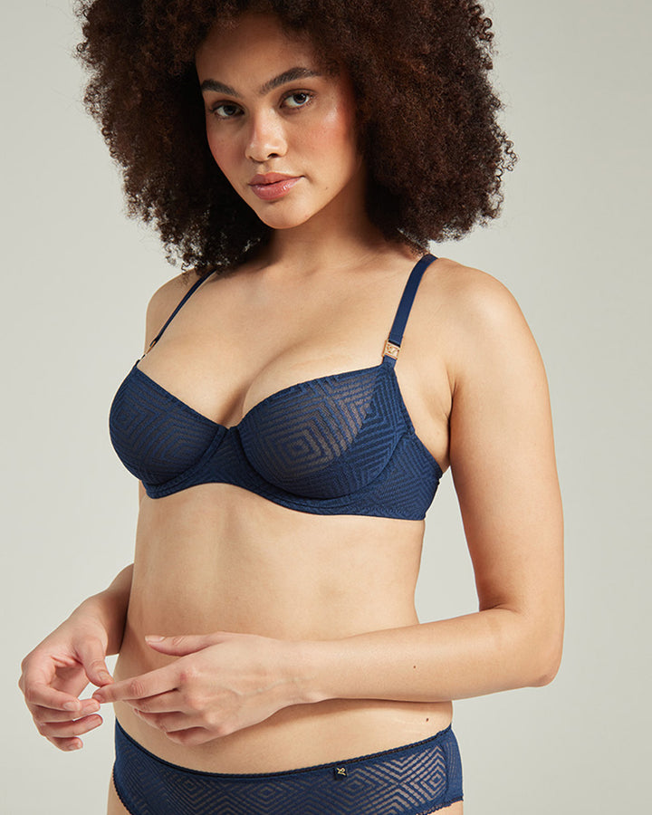 The Sheer Deco Lift Balcony Bra - Navy